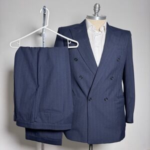 Ron Chereskin Suit Mens 42R 35x29 Navy Blue Pinstripe Double Breasted Peak Lapel